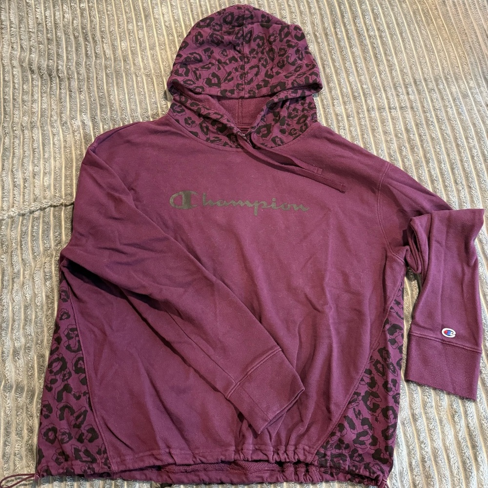 Champion Burgundy Hoodie with Leopard Accents